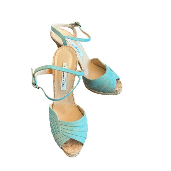 Oscar de la Renta Ladies Stiletto Cork Heel Sandals Ankle Strap Turquoise Sz 38 - Picture 1 of 10